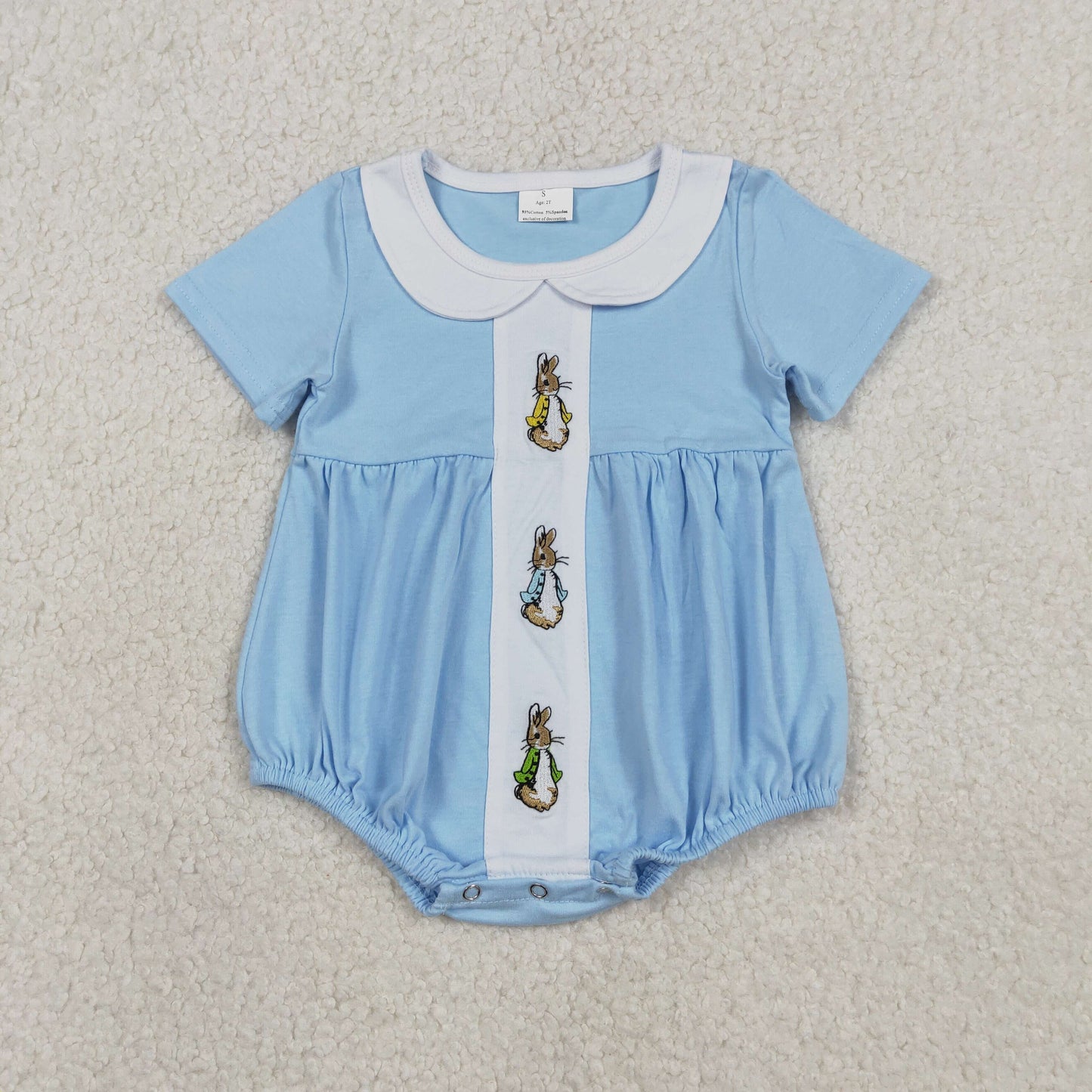 embroidery SR3383 Easter bunny rabbit blue short sleeve boys romper