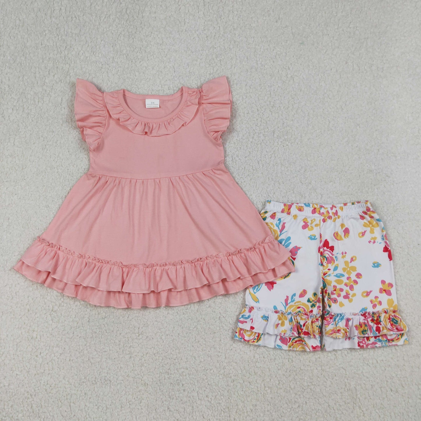 GSSO3743 Pink Flowers Flutter Sleeve Shorts Girls Set