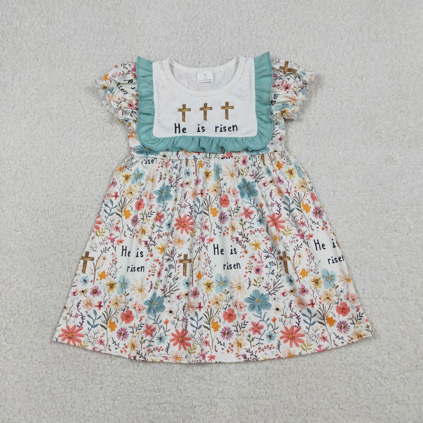 GSD3504 Easter Cross He is Risen Flowers Short Sleeve Girls Dress