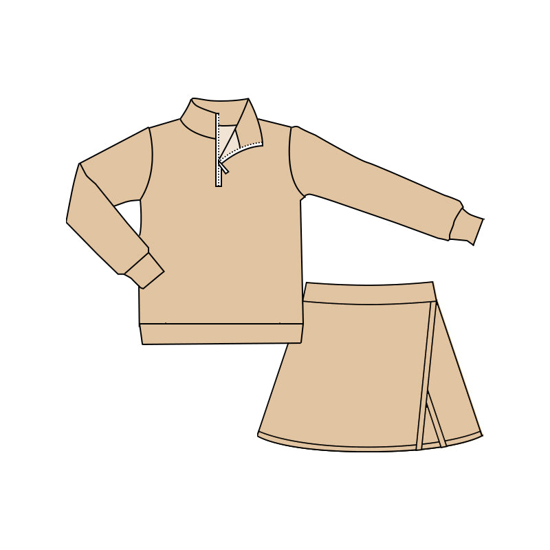 preorder khaki zipper long sleeve skirt with shorts girls set