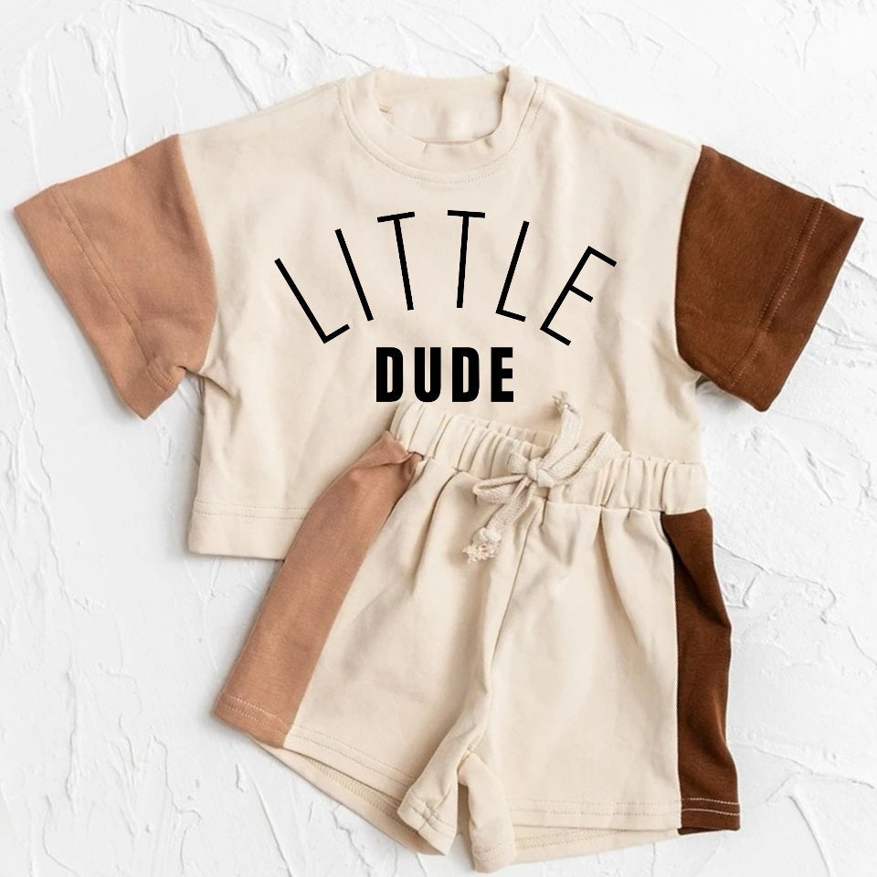 custom moq 3 little dude khaki stitch short sleeve shorts kids set