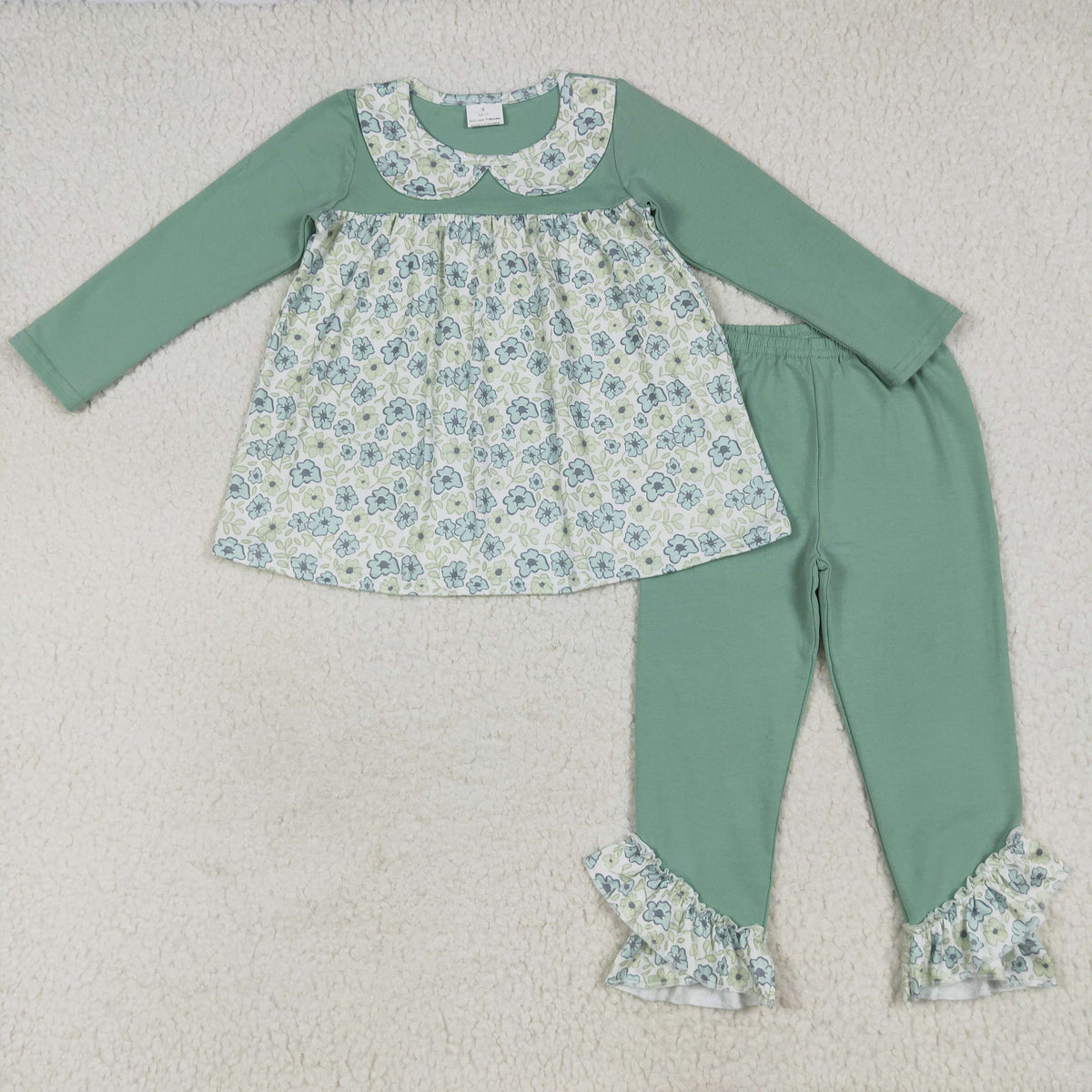 GLP2407 blue flowers green long sleeve green pants girls set