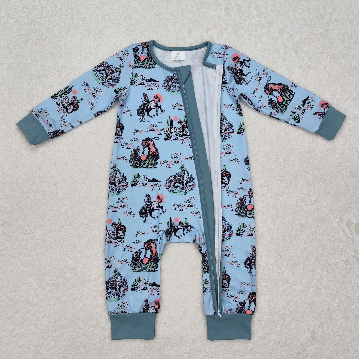 LR1578 Western rodeo blue long sleeve zipper boys romper