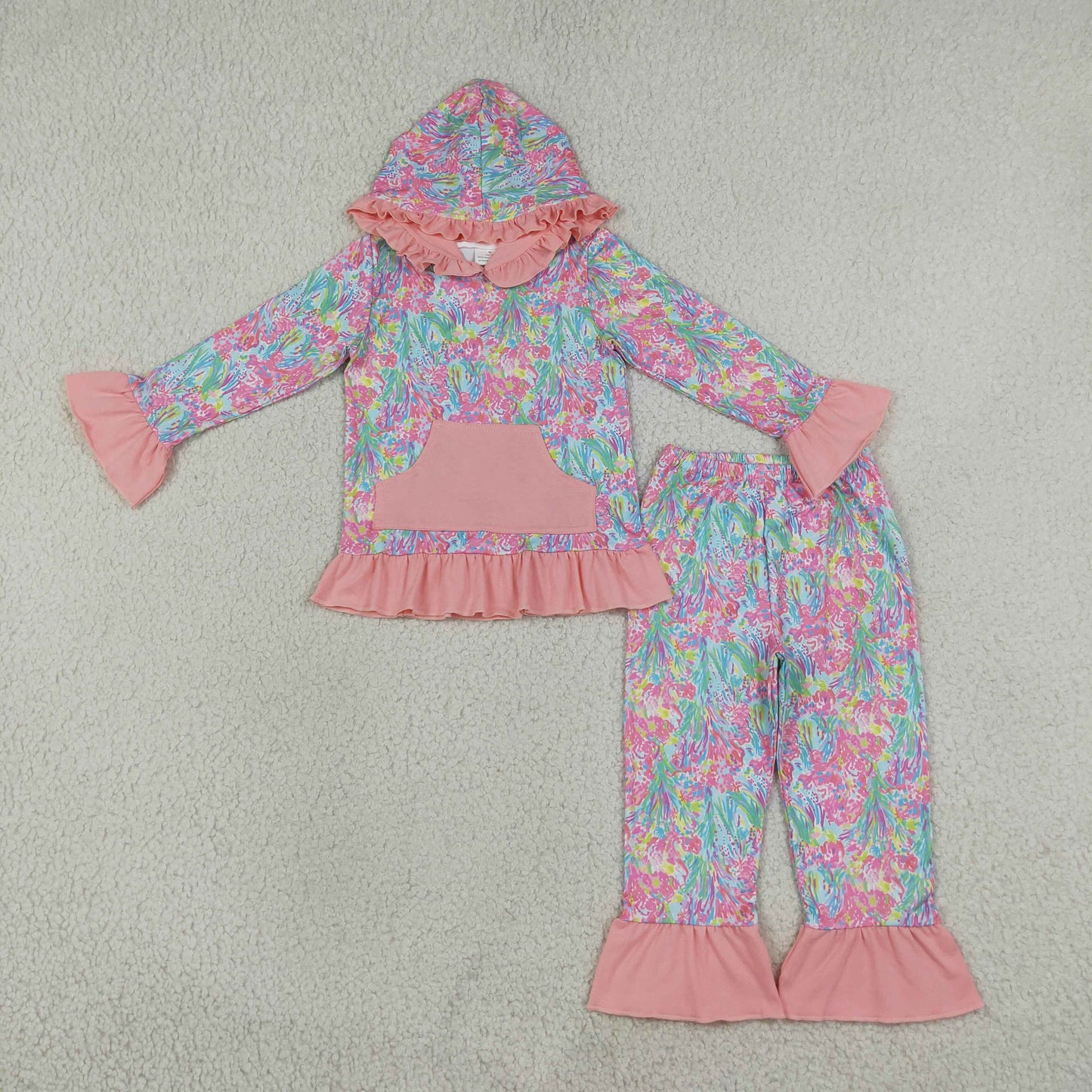 GLP3519 Colorful Print Pocket Hoodie Long Sleeve Pants Girls Set