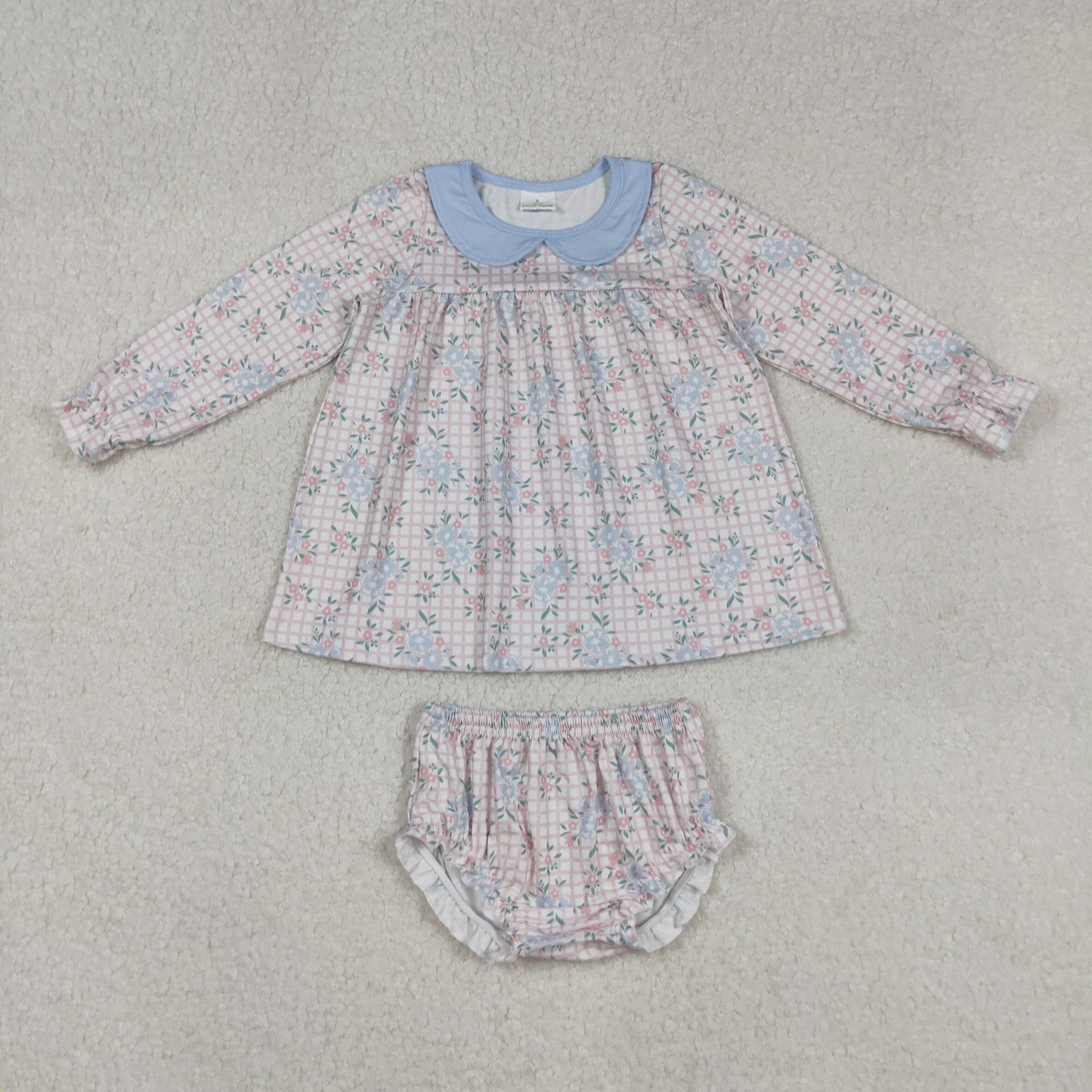 GBO0466 blue flowers pink checkered long sleeve girls bummies set