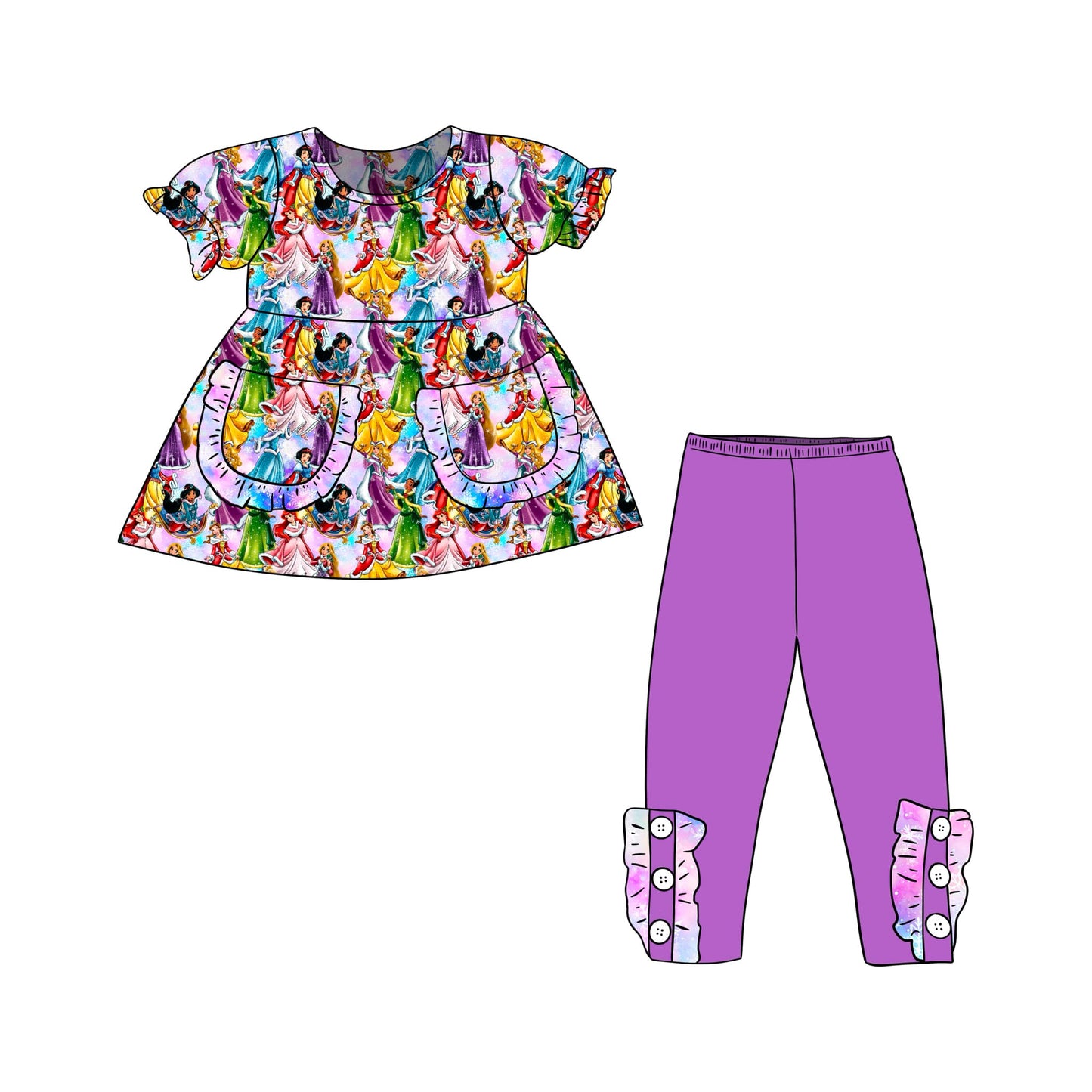 custom cartoon princess pockets short sleeve purple pants girls set