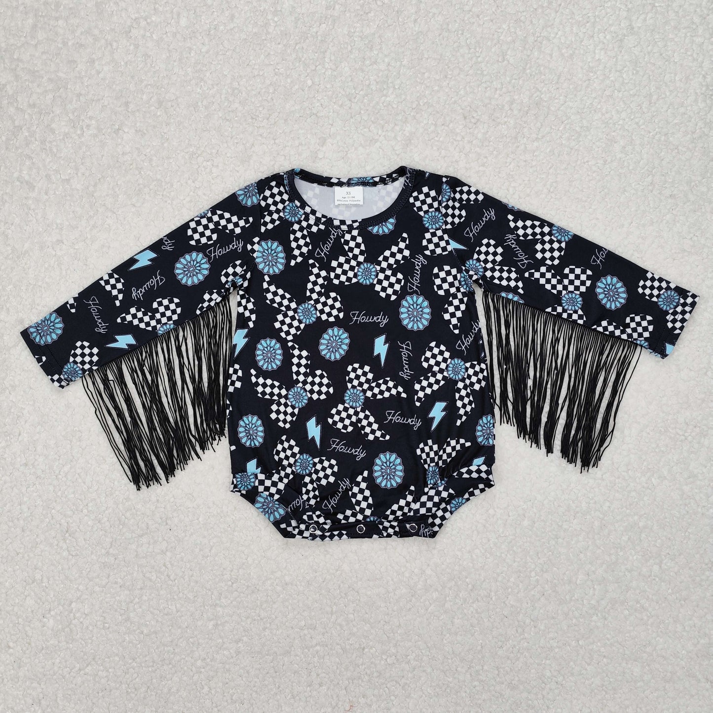 SR2552 Western howdy turquoise checkered bows tassels girls romper