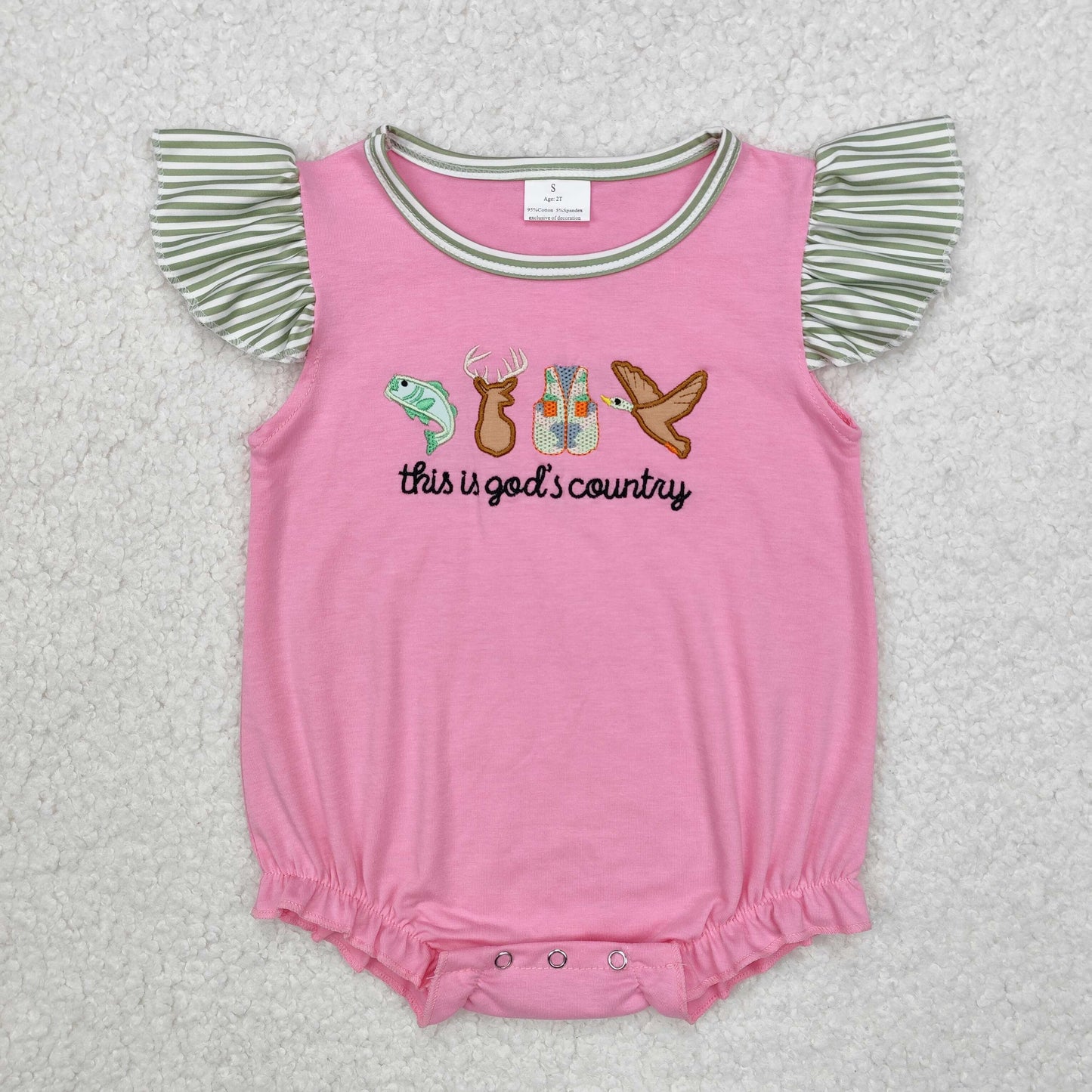 embroidery SR2264 this is god's country mallard deer fish hot pink flutter sleeve girls romper