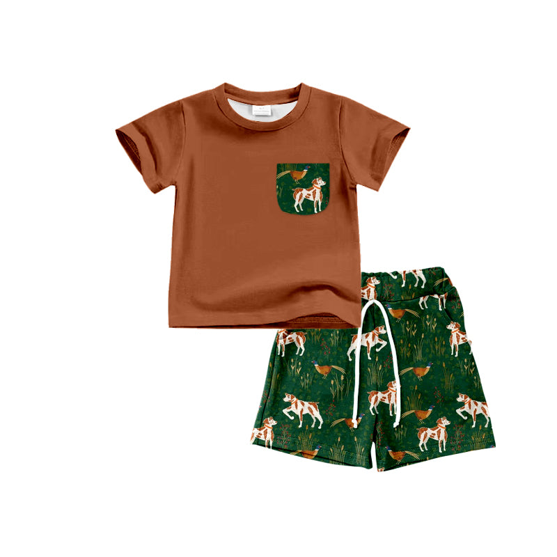 preorder BSSO0937 hunting dog mallard brown pocket short sleeve green shorts boys set