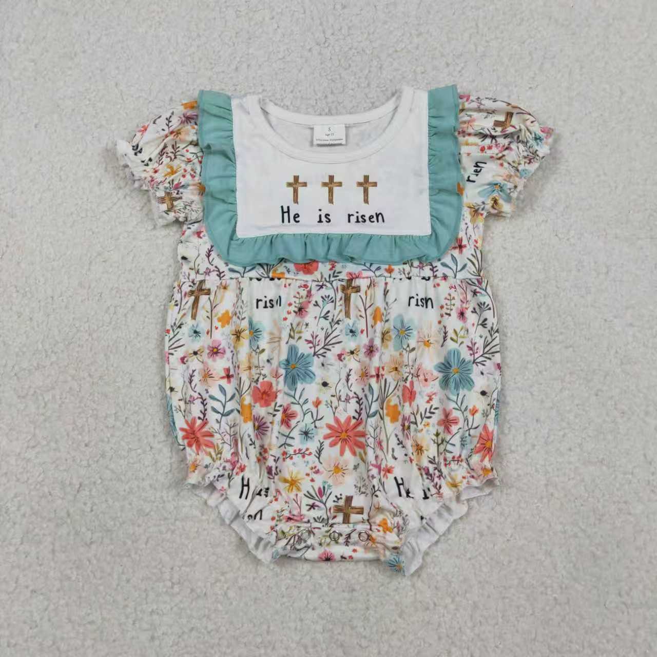Embroidery Easter Cross He Is Risen Flowers Girl Dress/Romper Sibling Clothes RTS
