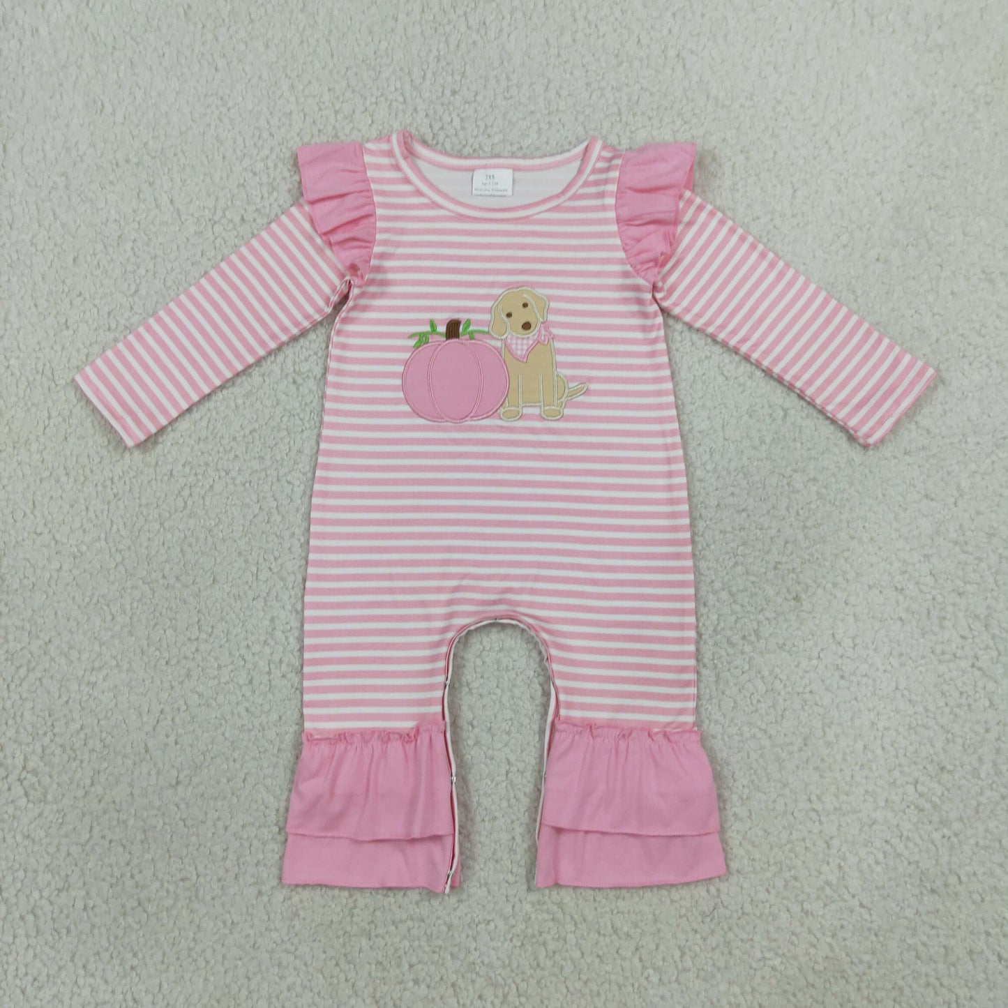 Embroidery LR3140 Pumpkin Dog Pink Striped Long Sleeve Girls Romper