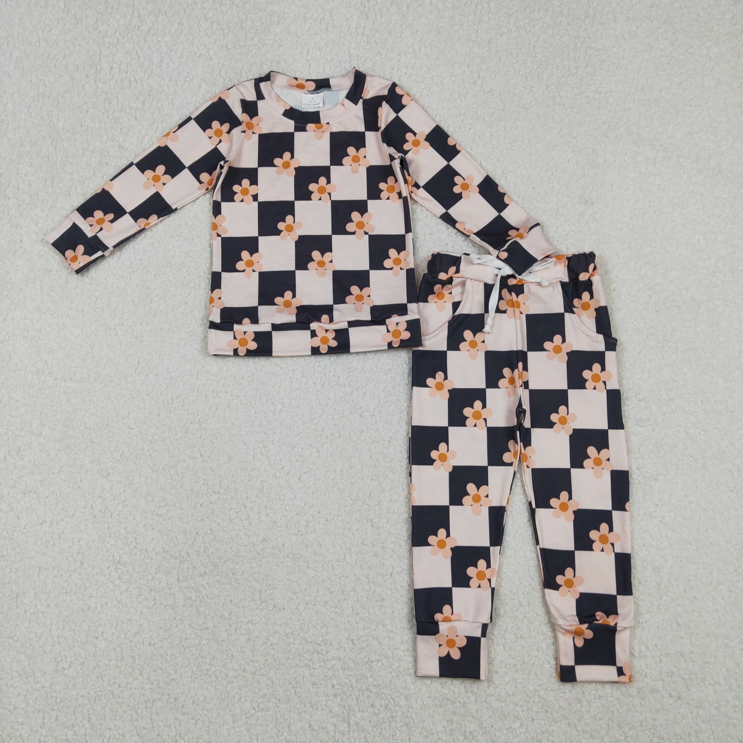 GLP2803 black checkered flowers floral long sleeve pants girls set