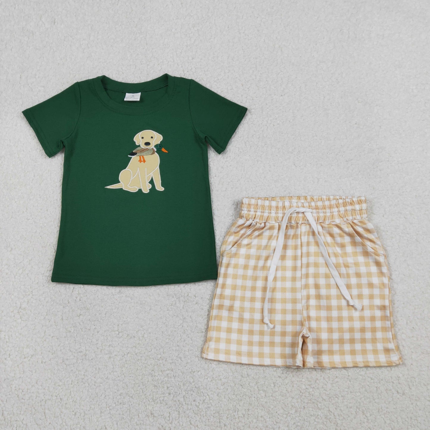 Embroidery BSSO1636 Cute Dog Pet Green Short Sleeve Checkered Shorts Boys Set