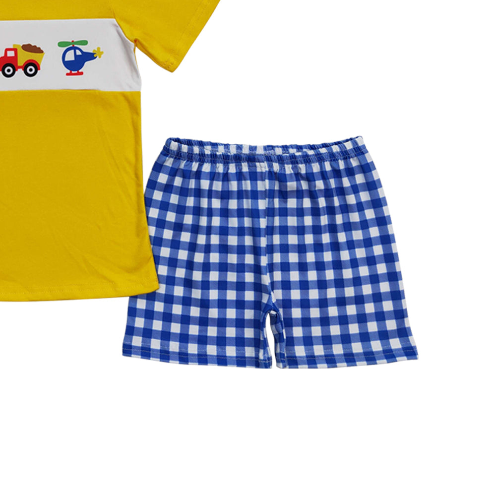 BSSO0397 embroidery Beach castle yellow short sleeve blue striped shorts boys set