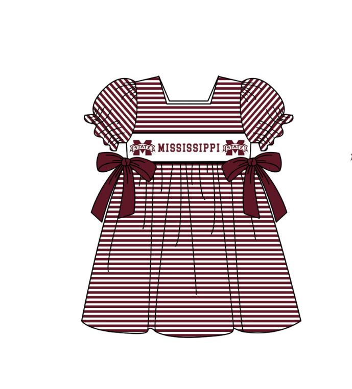 Custom Moq 3 Football Item Mississippi Maroon Bows Short Sleeve Girls Dress
