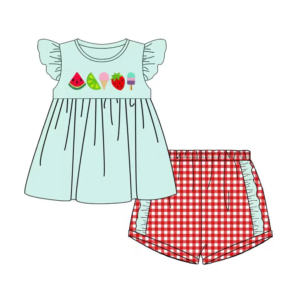 custom S watermelon ice fruit blue flutter sleeve red checkered shorts girls set
