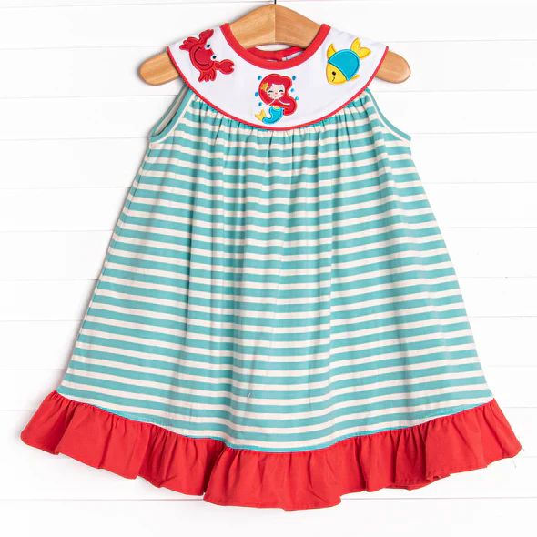 custom S cartoon mermaid crab fish green striped girls dress