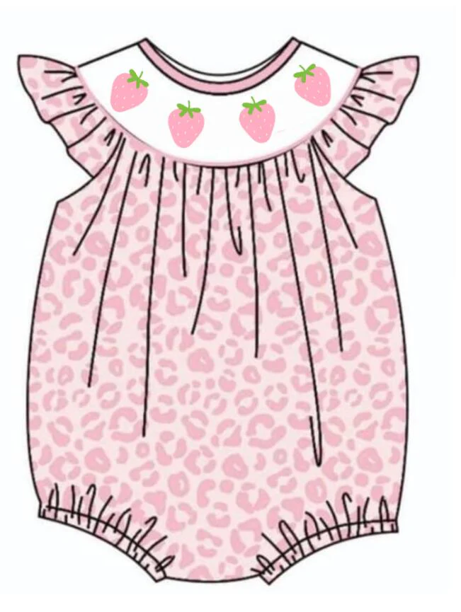 custom S strawberry pink leopard flutter sleeve girls romper