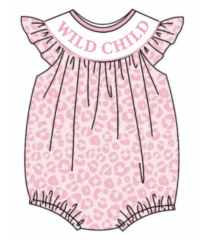 custom S wild child pink leopard flutter sleeve girls romper