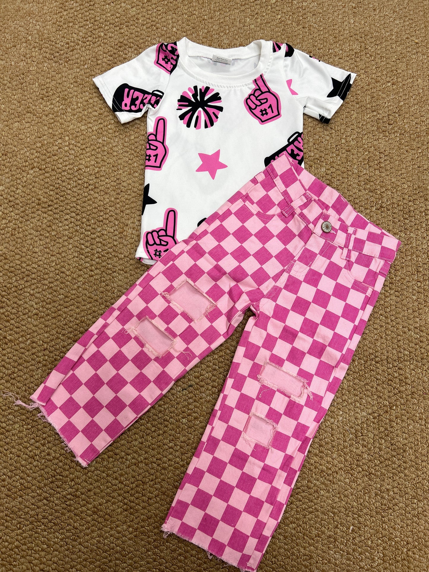 Cheer star hot pink short sleeve hot pink checkered hole jeans girls set