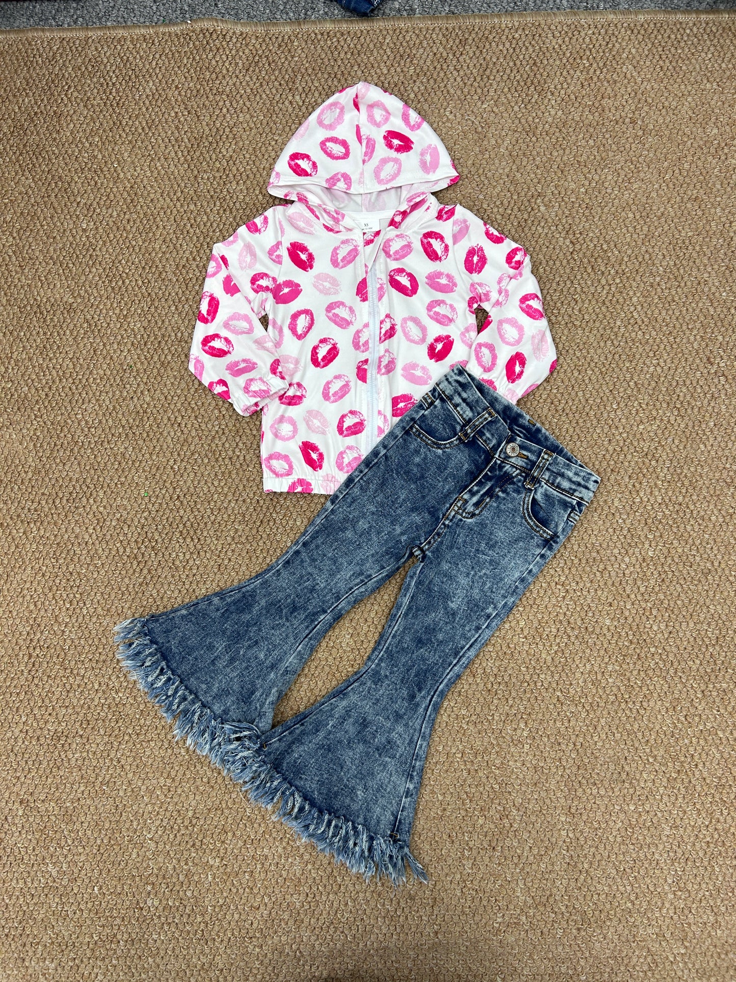 Valentine's Day Lips Zipper Hoodei Coat Jeans Girls Set