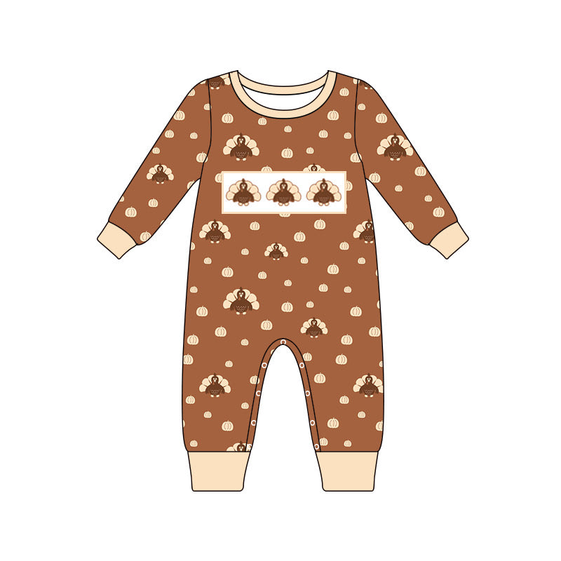 preorder LR1126 Thanksgiving turkey brown long sleeve boys romper