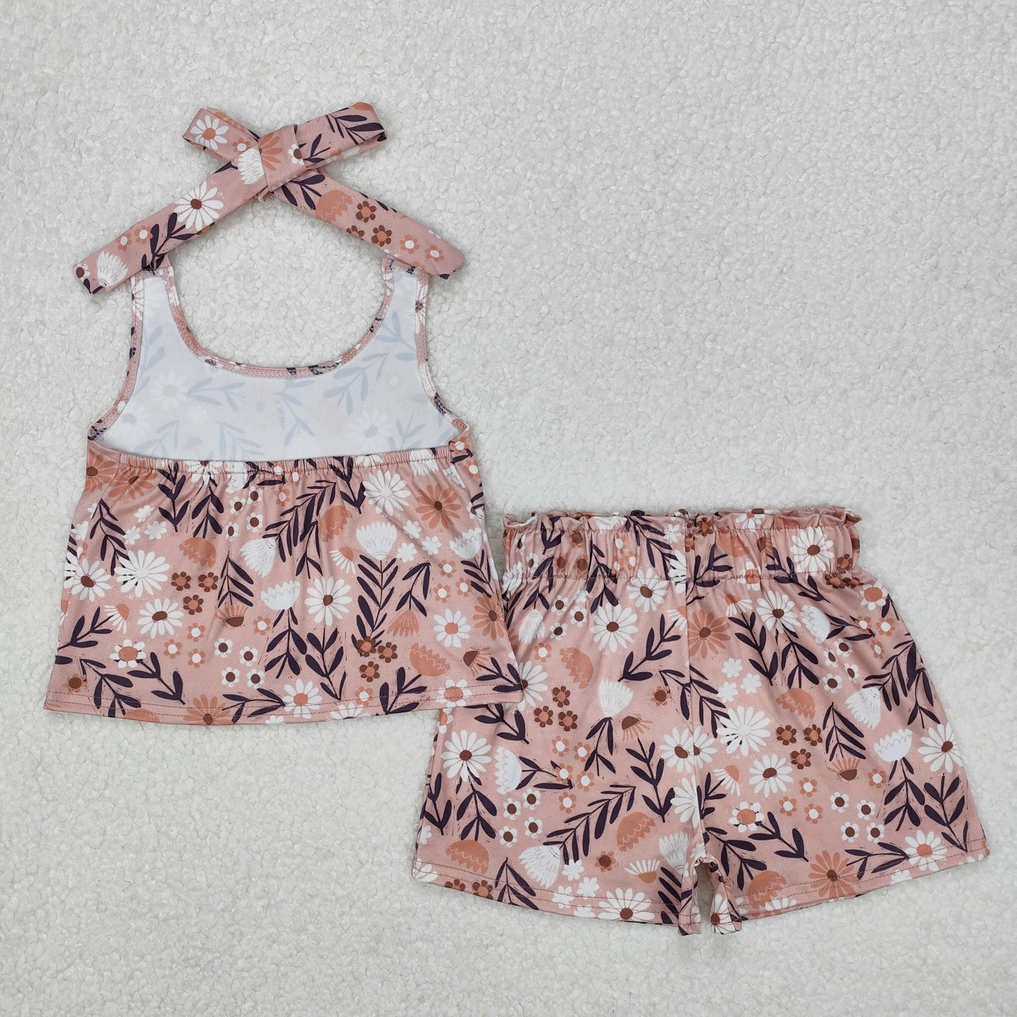 GSSO1870 baby girl flowers dasiy khaki straps shorts set