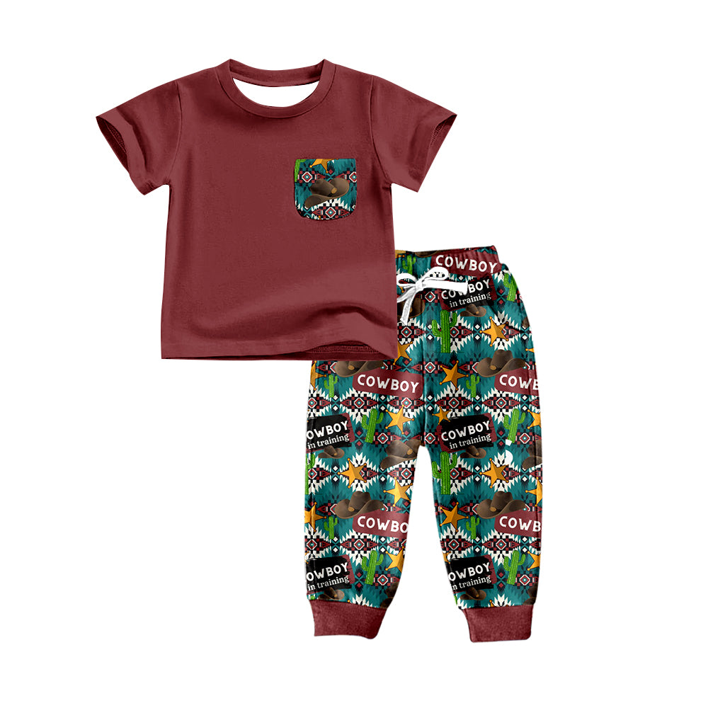 preorder BSPO0264 Western pocket maroon short sleeve cowboy cactus cow Aztec pants boys set