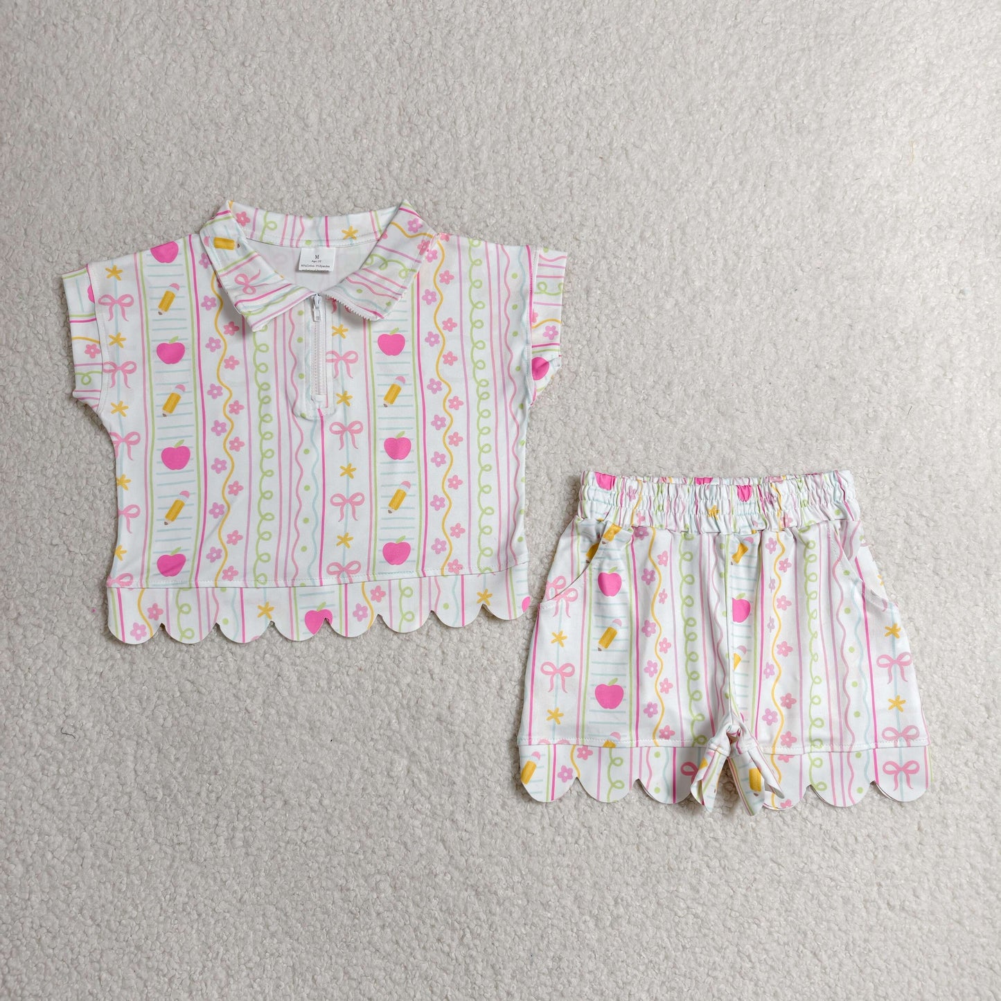 GSSO3582 Scallop Back To School Short Sleeve Shorts Girls Set