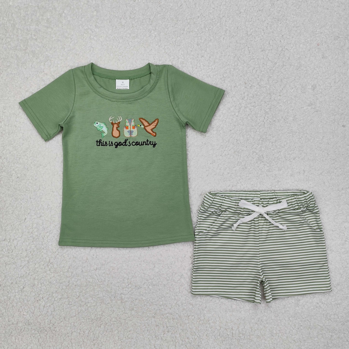 embroidery BSSO1108 this is god's country hunting mallard deer fish green short sleeve striped shorts boys set