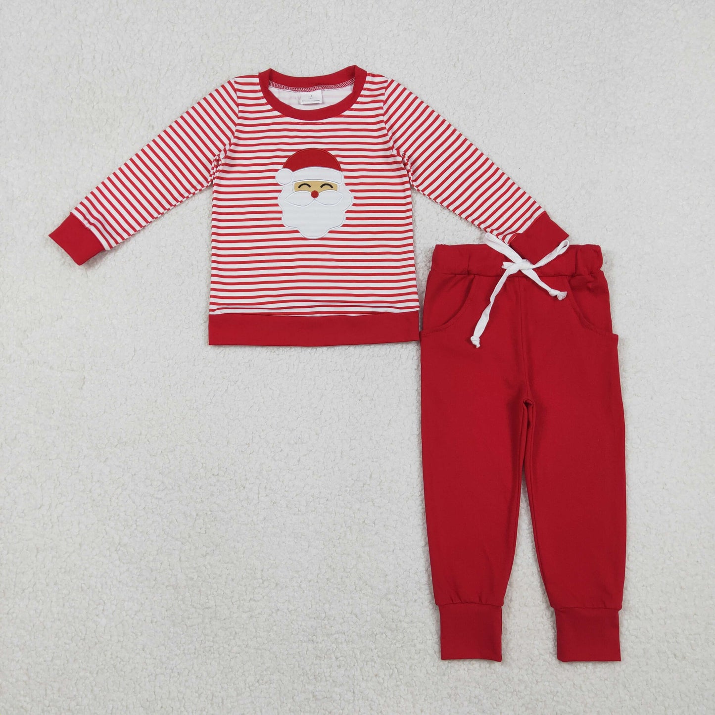 embroidery BLP1223 Christmas Santa red striped long sleeve pants boys set