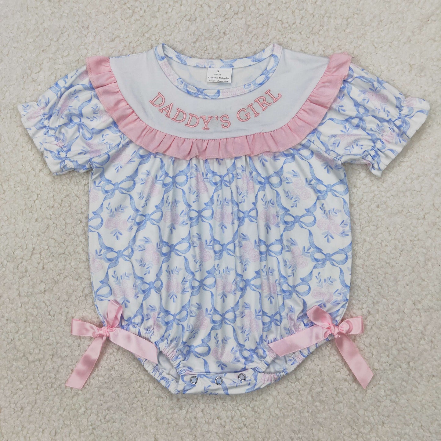 embroidery SR2944 daddy's girl blue bows pink short sleeve girls romper