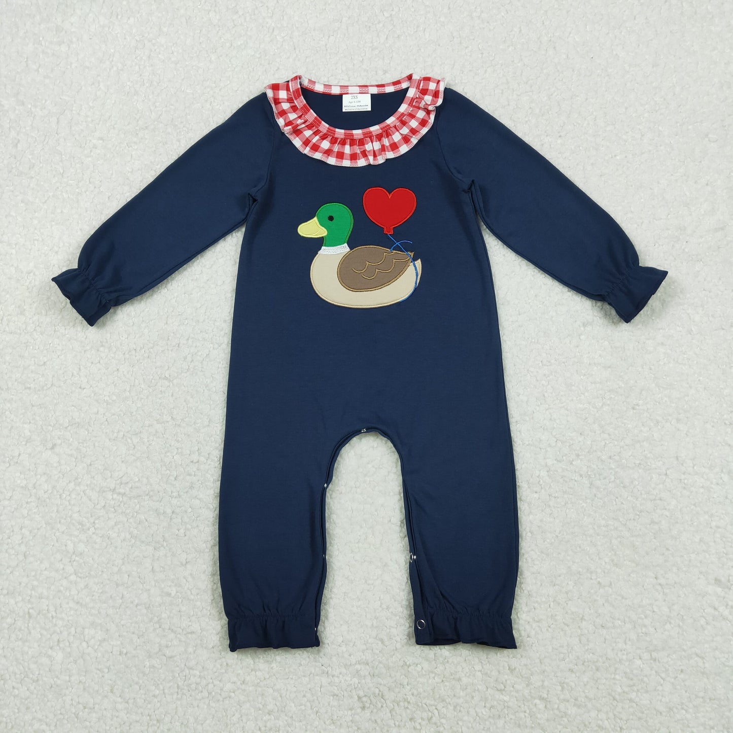 LR2720 Valentine's Day heart mallard duck navy blue long sleeve girls romper