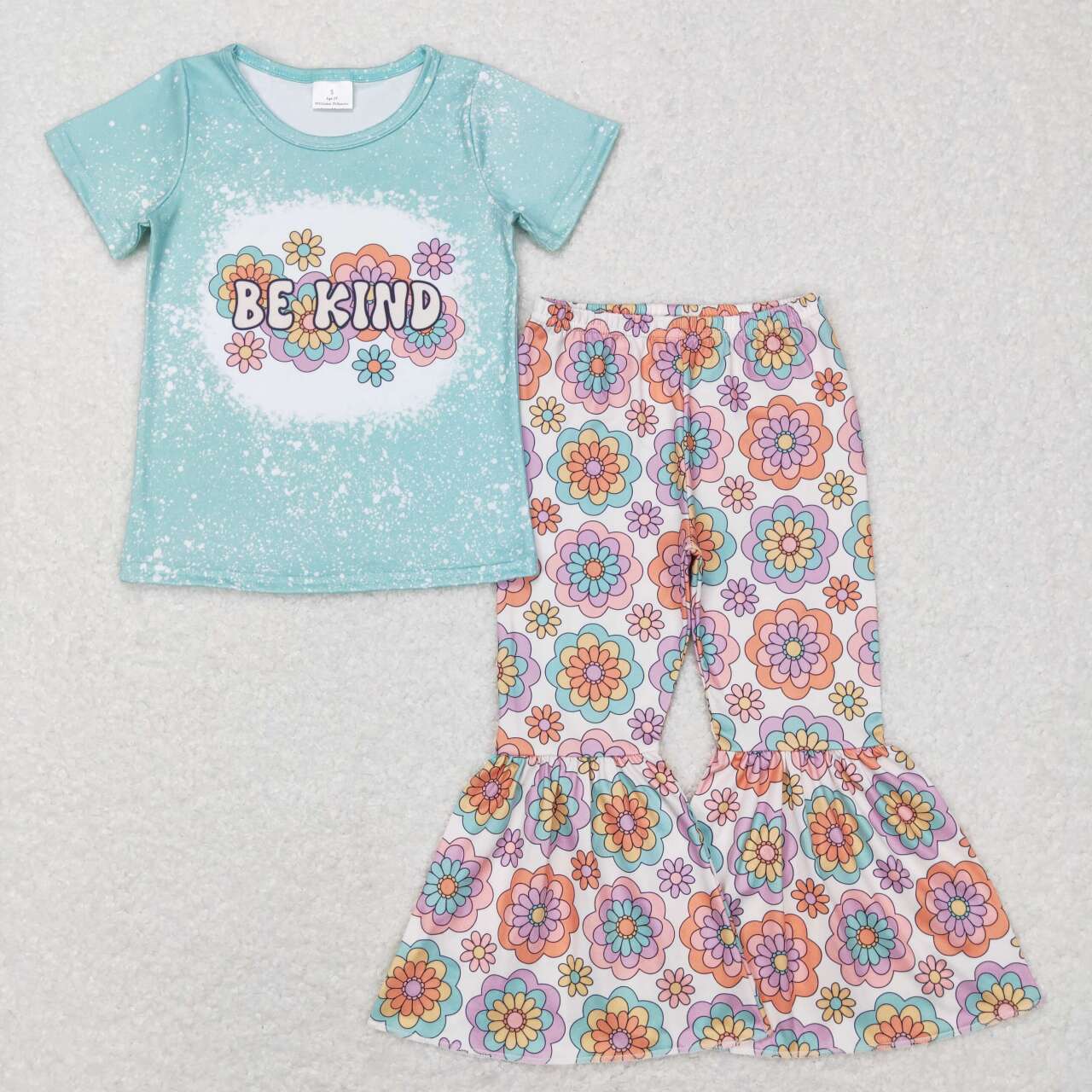 GSPO1091 Be kind green short sleeve colorful flowers pants girls set