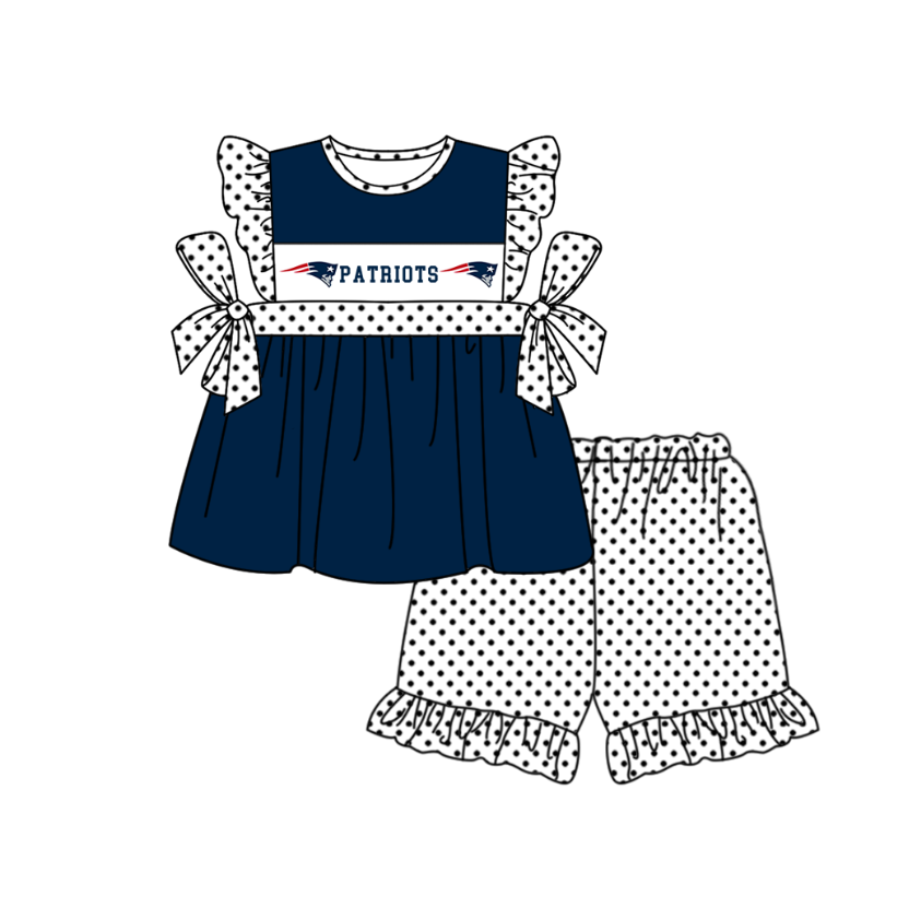 Custom Moq 3 Football Team Patriots Blue Flutter Sleeve Shorts Girls Set