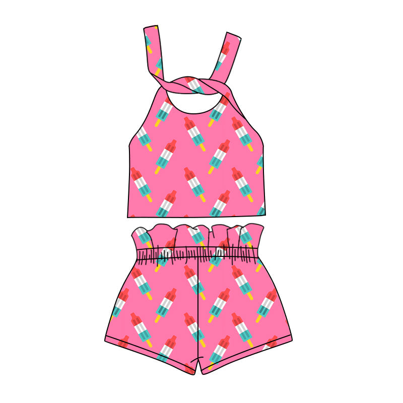 custom (moq 5)Baby Girls 4th Of July Popstick Straps Top Shorts Clothes Sets