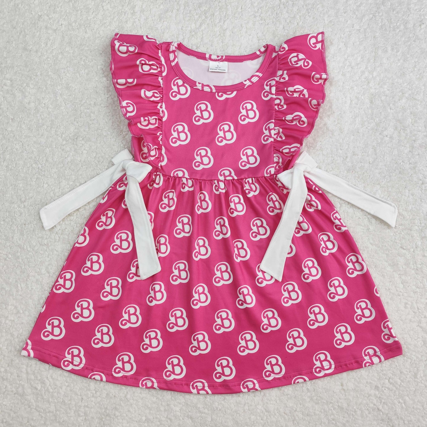 GSD1812 cartoon BA hot pink bows ruffles sleeve girls dress