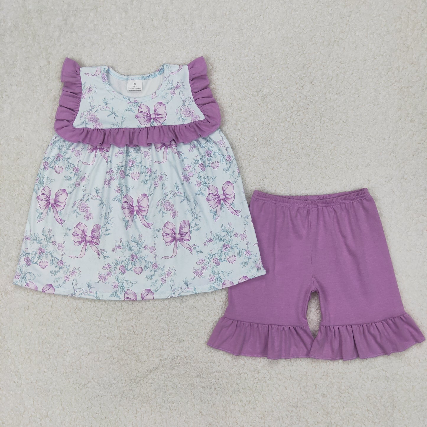 GSSO2315 purple bows flowers ruffles sleeve purple shorts girls set