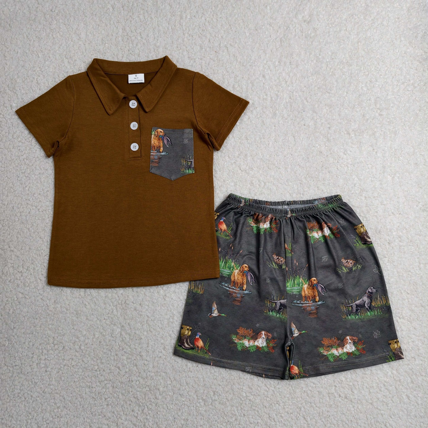 BSSO2014 Hunting Dog Mallard Pocket Brown Short Sleeve Shorts Boys Set