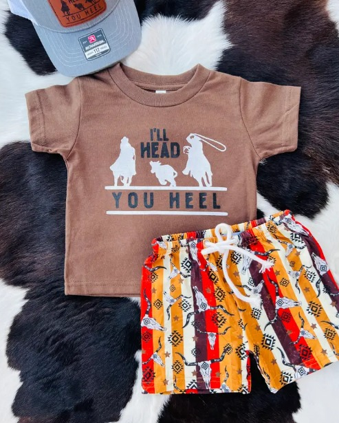 preorder BSSO0370 I'll head you heel Western brown short sleeve cow Aztec colorful striped shorts boys set