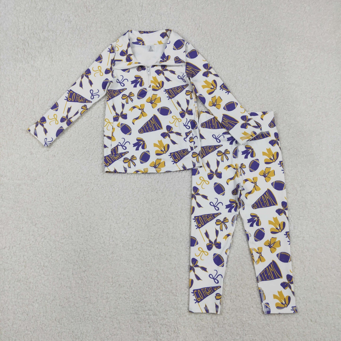 GLP2762 yoga go team purple yellow bows zipper long sleeve pants girls set