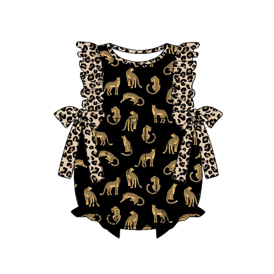 Custom Leopard black flutter sleeve leopard print girls romper moq 3