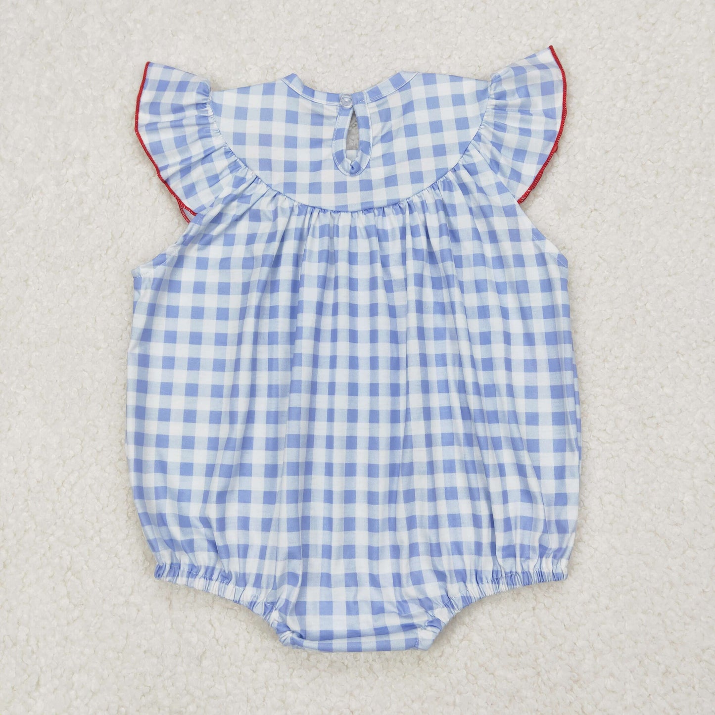 SR2571 smocked July 4th flag blue checkered flutter sleeve girls romper