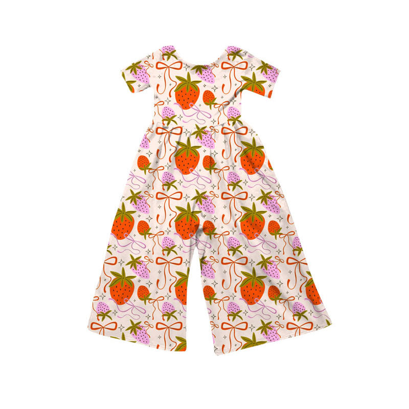 custom moq 5 strawberry bows red short sleeve girls jumpsuits