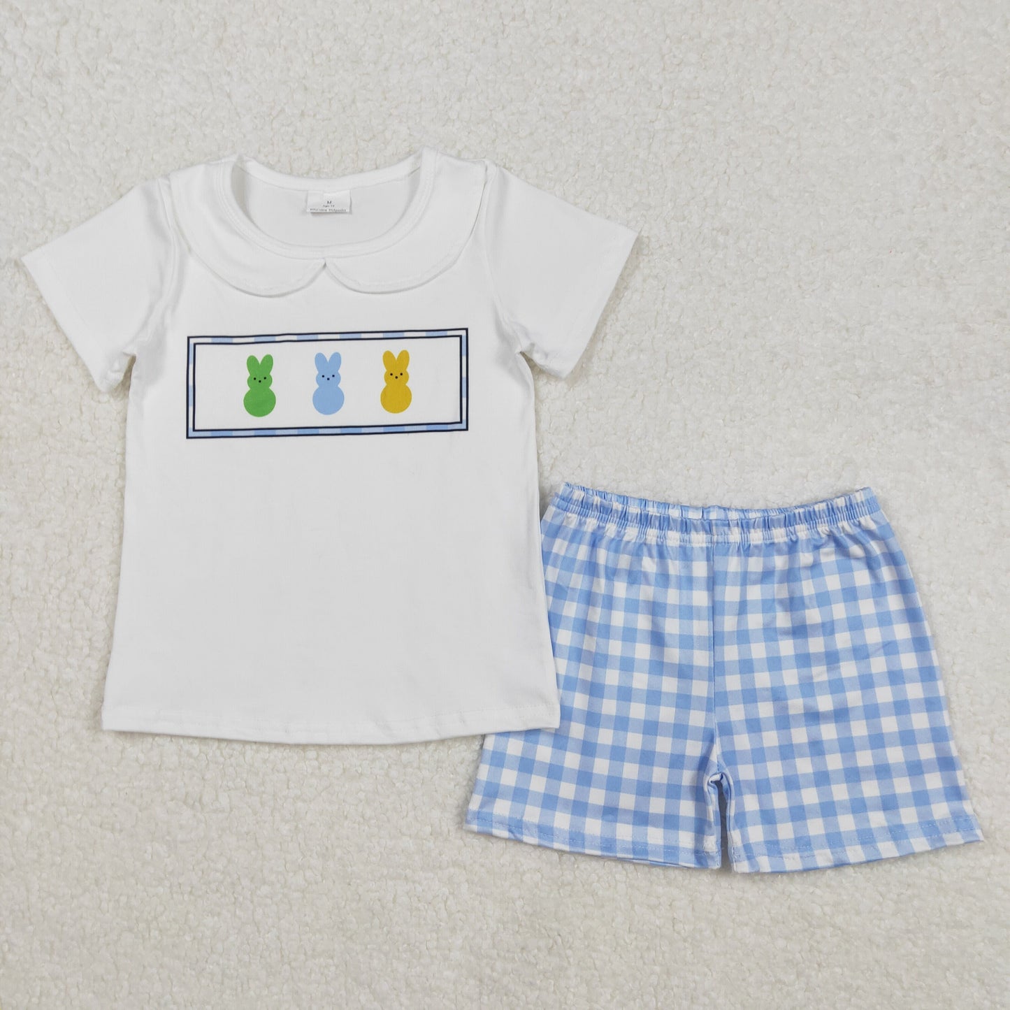 BSSO1243 baby boy Easter bunny rabbit short sleeve blue checkered shorts boys set