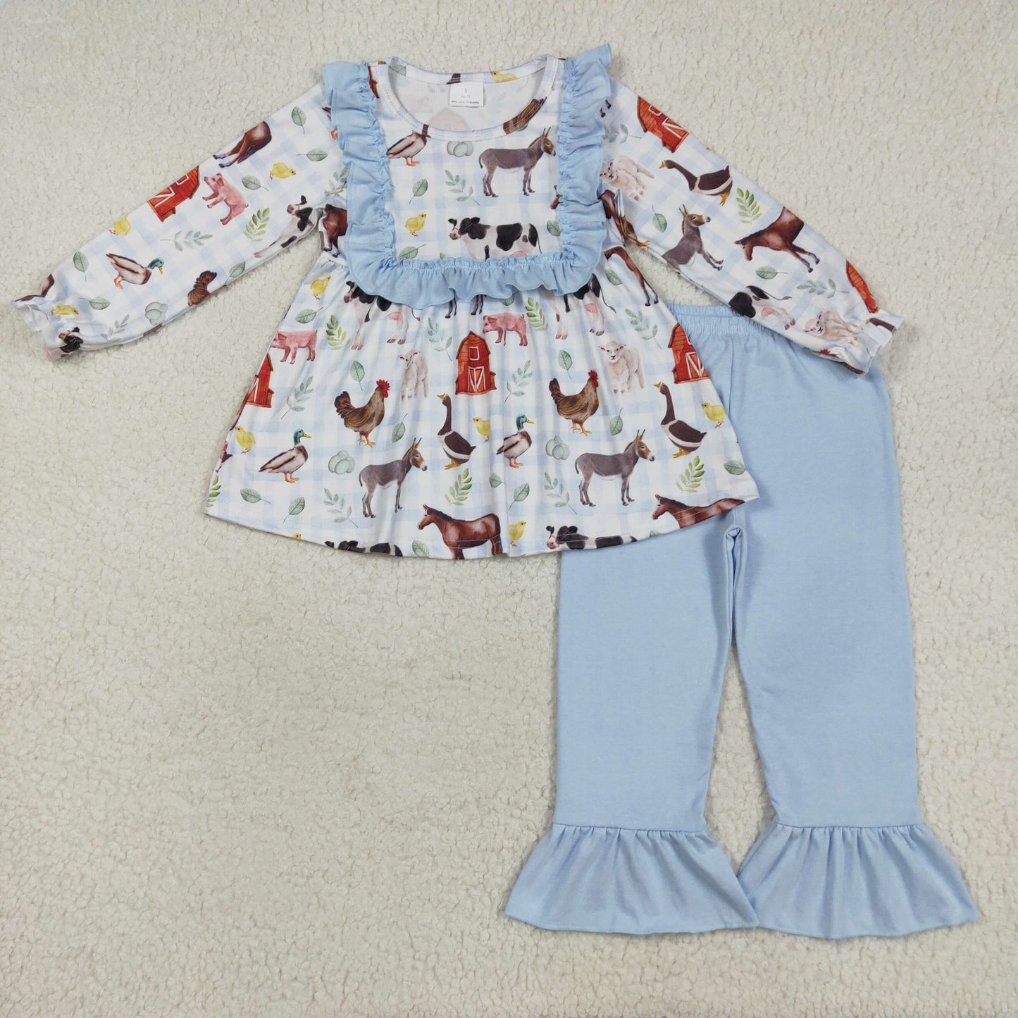 GLP2536 farm animals house horse blue ruffles checkered long sleeve pants girls set