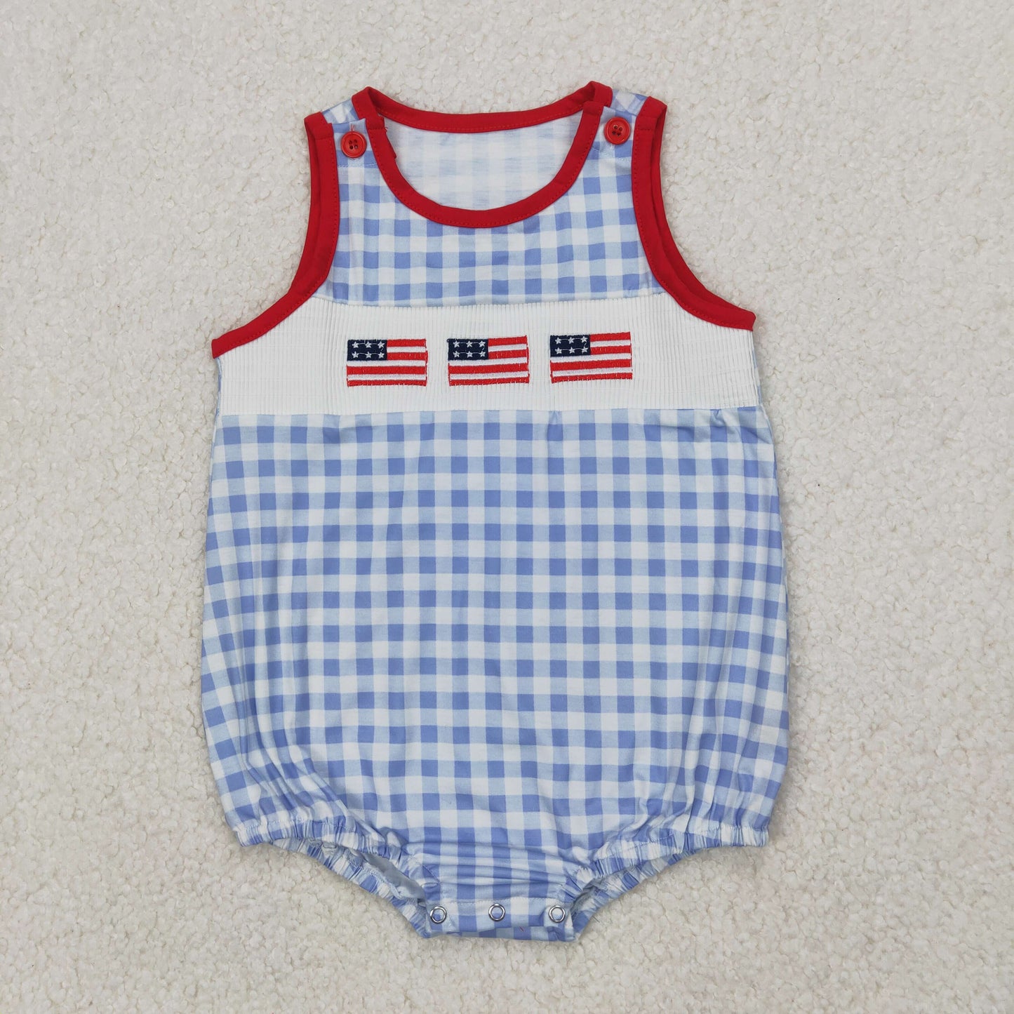 smocked SR2572 July 4th flag blue checkered sleeveless boys romper