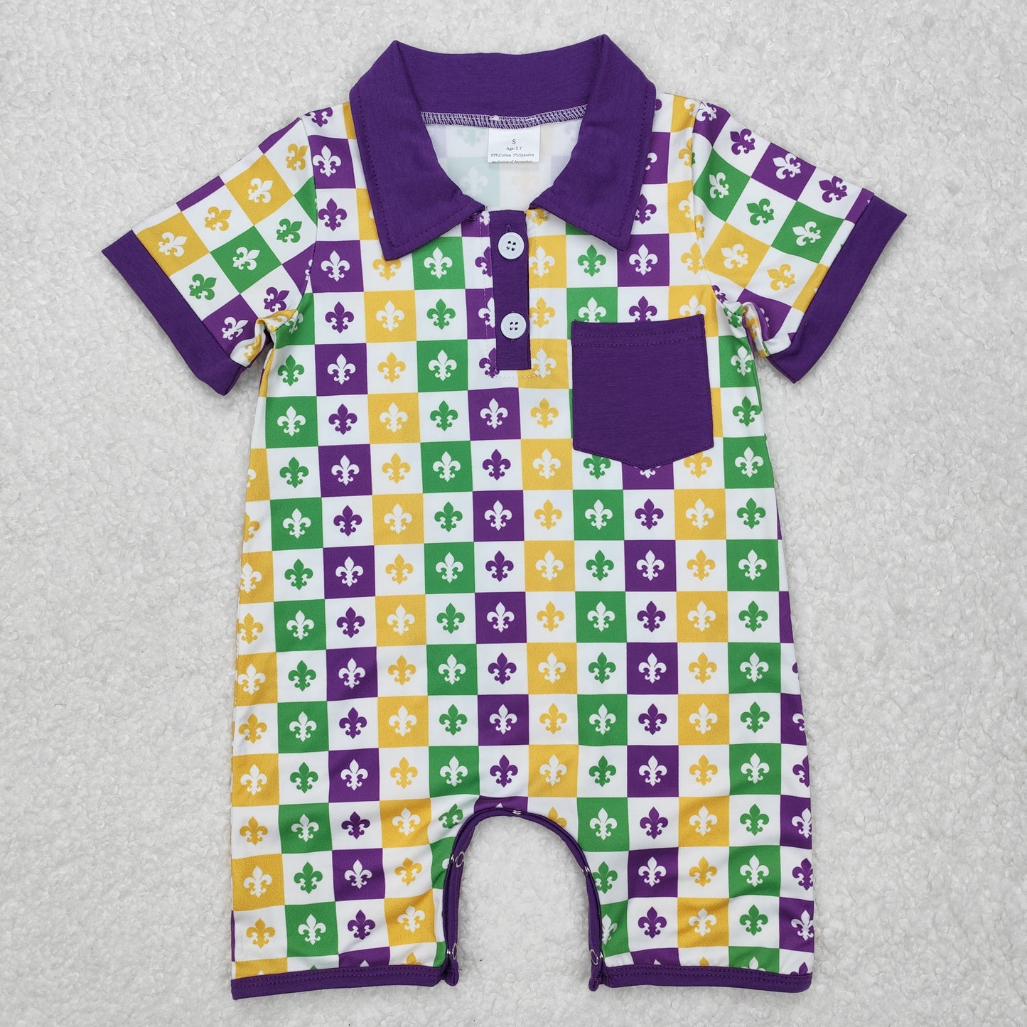 SR2385 Mardi Gras Purple Green Yellow Printing Pocket Short Sleeve Boys Romper