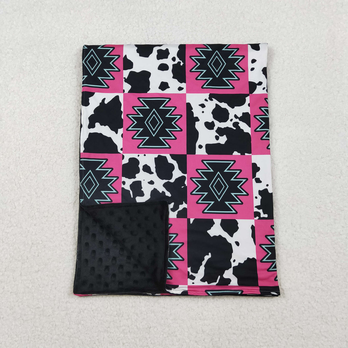 BL0178 Western Aztec cow print hot pink checkered baby blanket