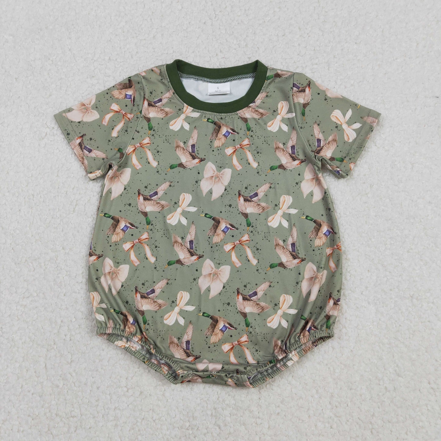 SR3421 hunting mallard duck bows green short sleeve boys romper